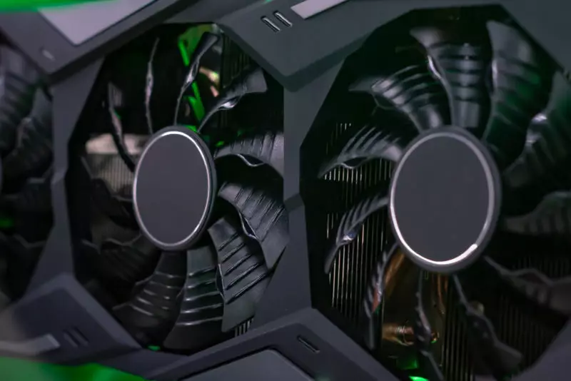 Most advanced graphics card with cooling fans. Side view. Close up.