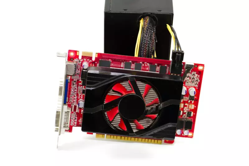 Red Graphic Card with Computer Power Supply