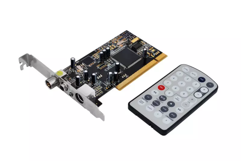 TV tuner card and remote control on a white background