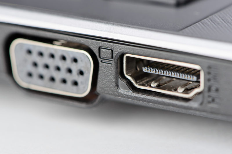 Sockets HDMI and DisplayPort of the laptop closeup